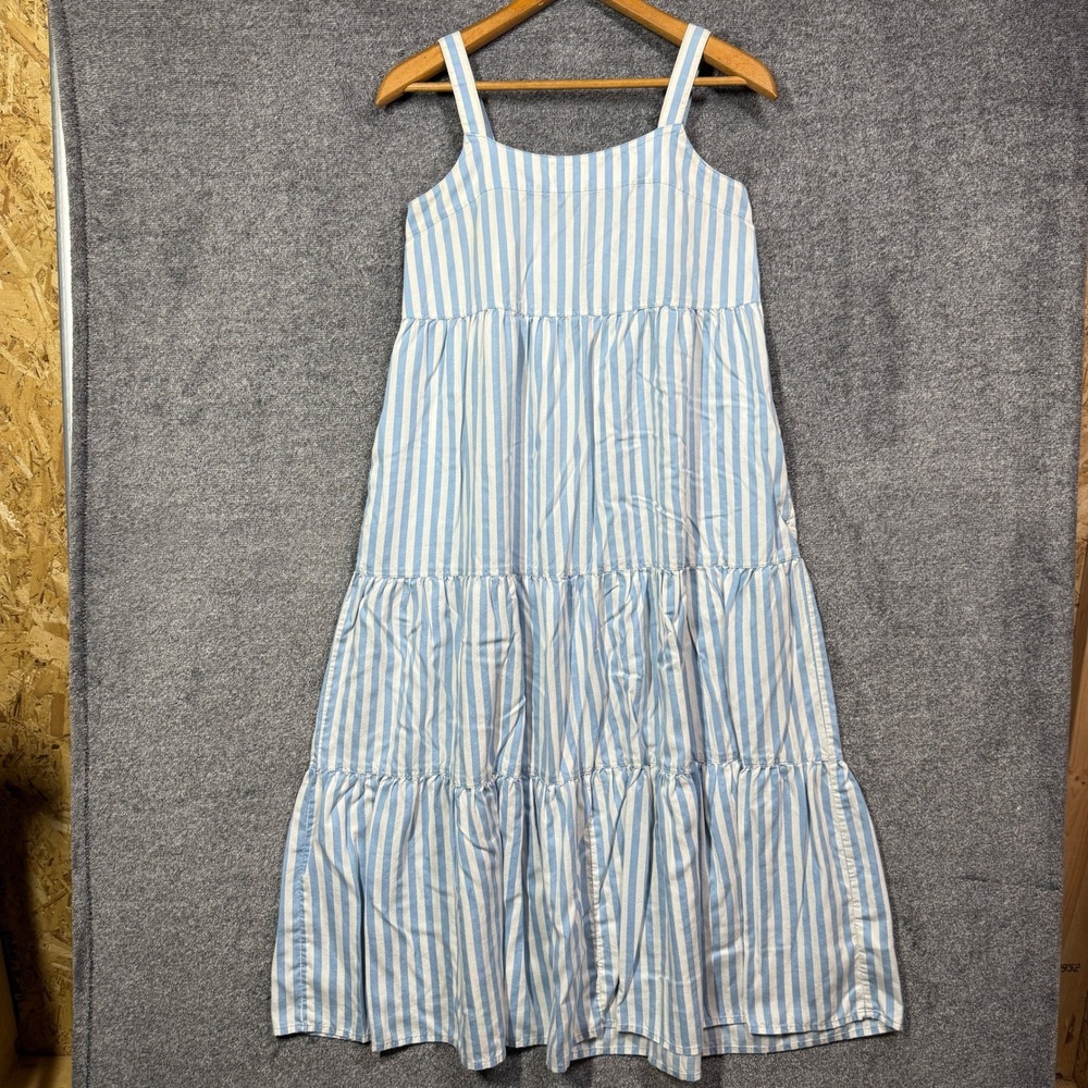 The Drop Dress Womens S Blue White Striped Tiered Midi Sundress Tencel
